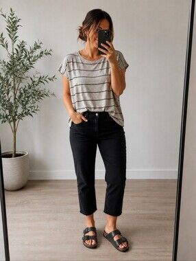 Eileen Fisher Organic Linen Beige Short Sleeve Top with Black Stripes